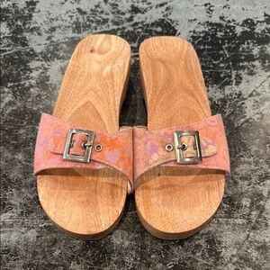 Pink Floral Wooden 'Dr. Scholl Style' Clog Sandals Size 8